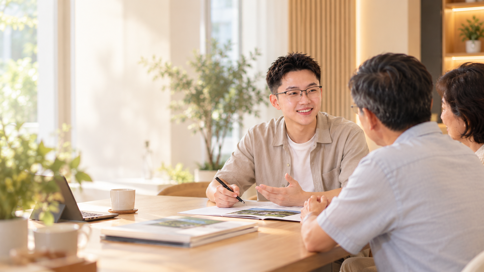 顾问与家属在温暖明亮的室内交流家庭规划